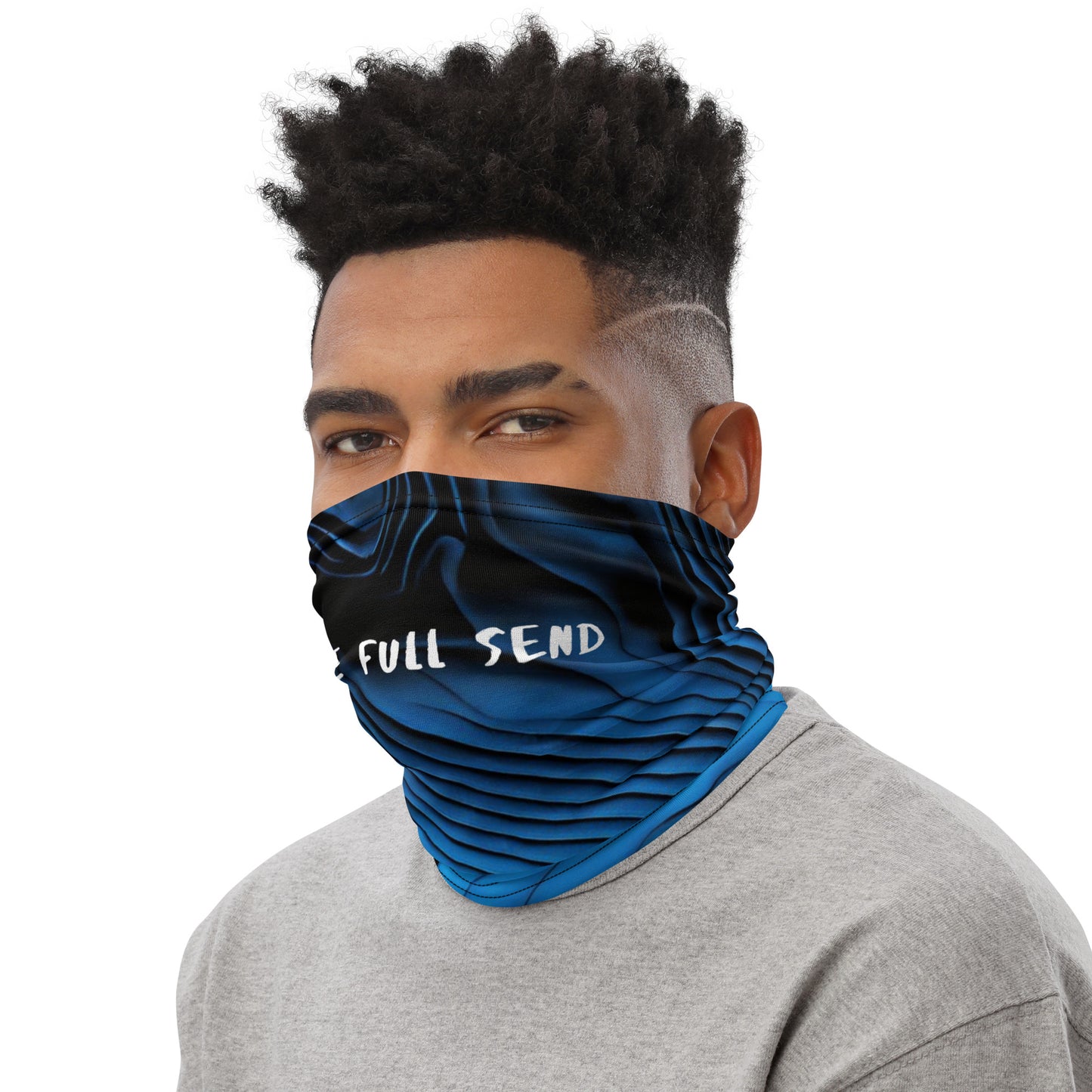 Image of a man wearing the YouFORM Pads neck gaiter bandana with text reading full send on the front, by the mouth